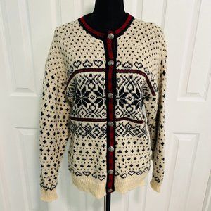 Vintage LL Bean Nordic Snowflake Wool Button Sweater Classic Warm Winter Sweater